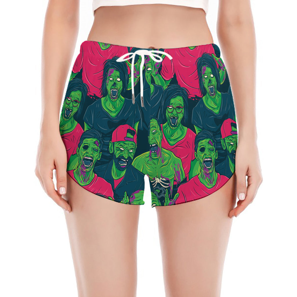 Green Walking Zombie Print Women's Split Running Shorts