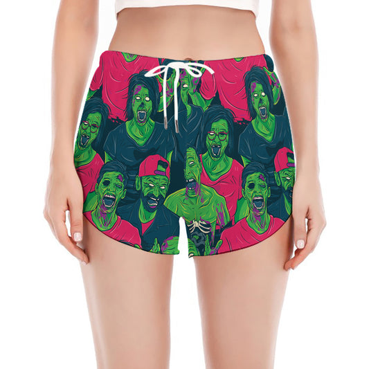 Green Walking Zombie Print Women's Split Running Shorts