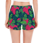 Green Walking Zombie Print Women's Split Running Shorts