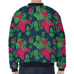 Green Walking Zombie Print Zip Sleeve Bomber Jacket