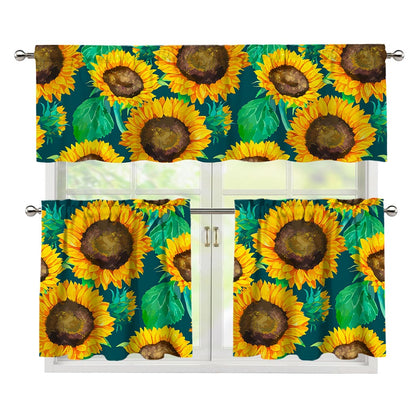 Green Watercolor Sunflower Pattern Print 3 Piece Kitchen Curtains