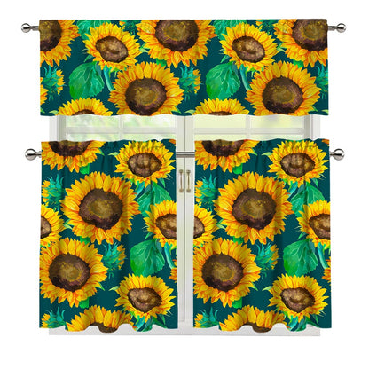 Green Watercolor Sunflower Pattern Print 3 Piece Kitchen Curtains