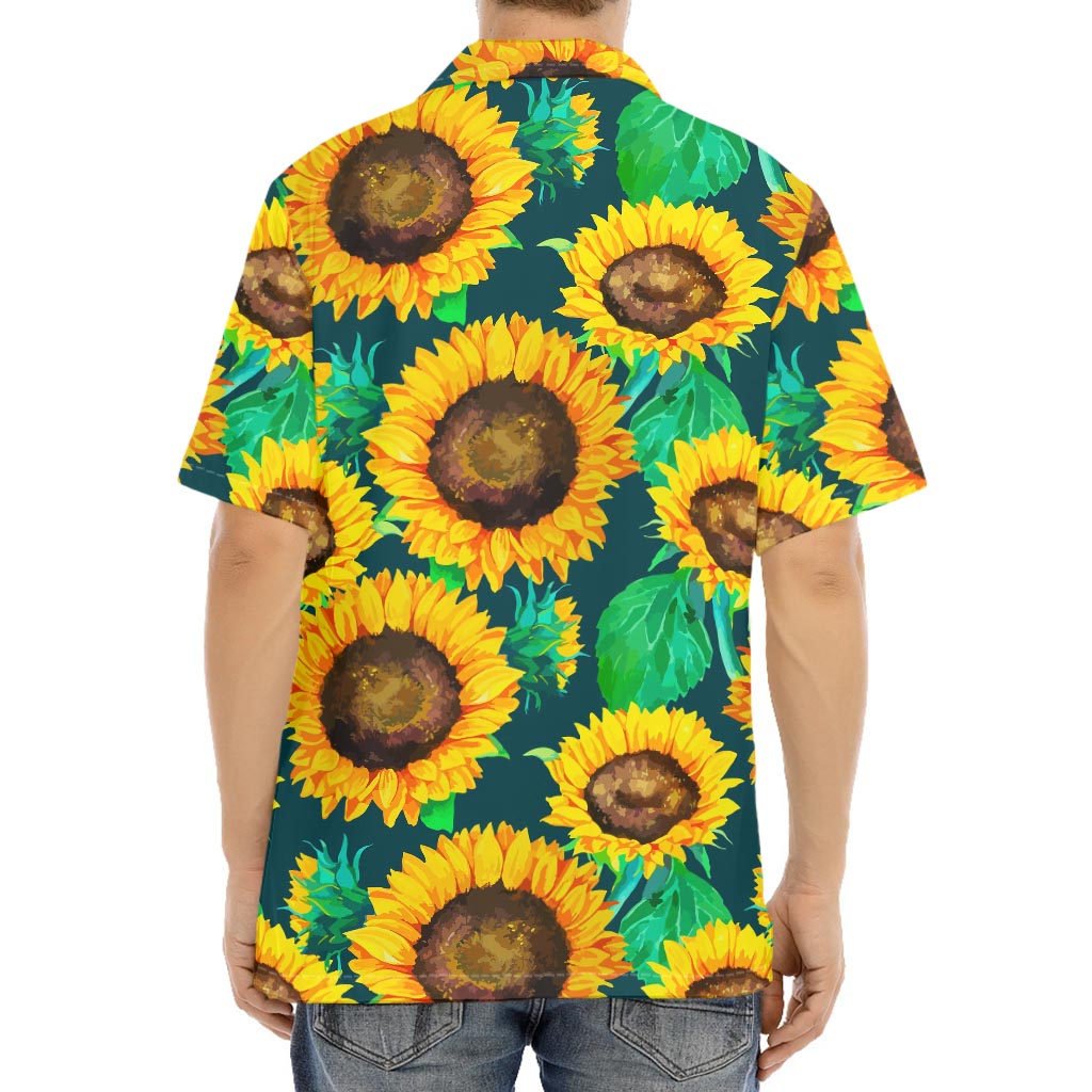 Green Watercolor Sunflower Pattern Print Aloha Shirt