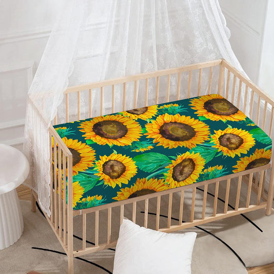 Green Watercolor Sunflower Pattern Print Baby Crib Sheet