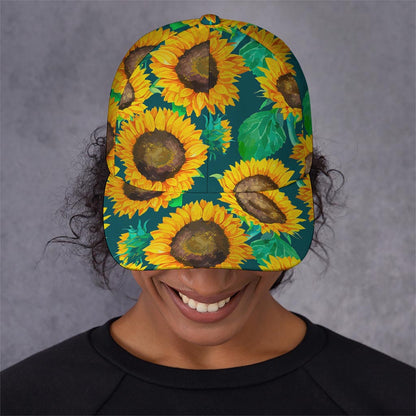 Green Watercolor Sunflower Pattern Print Baseball Cap
