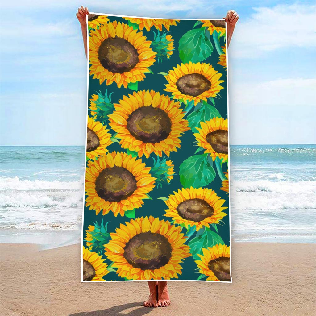 Green Watercolor Sunflower Pattern Print Beach Towel