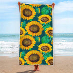 Green Watercolor Sunflower Pattern Print Beach Towel