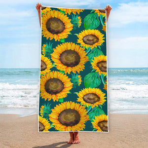 Green Watercolor Sunflower Pattern Print Beach Towel