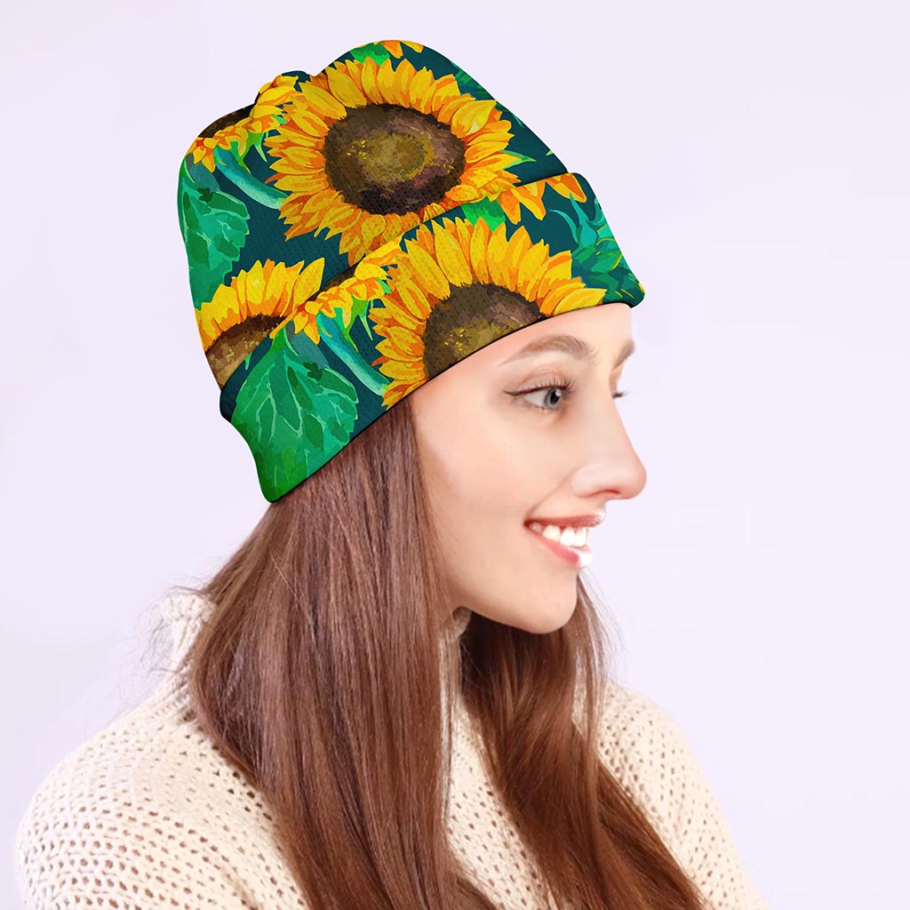 Green Watercolor Sunflower Pattern Print Beanie