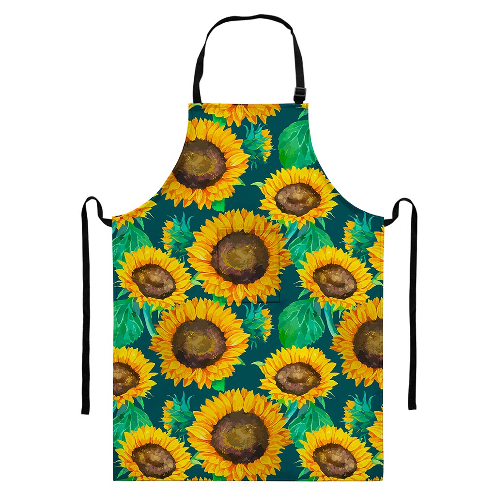 Green Watercolor Sunflower Pattern Print Bib Apron With Pocket