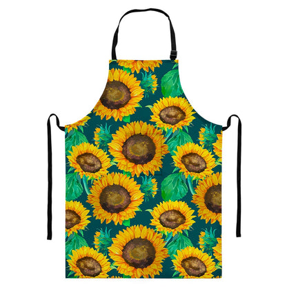 Green Watercolor Sunflower Pattern Print Bib Apron With Pocket