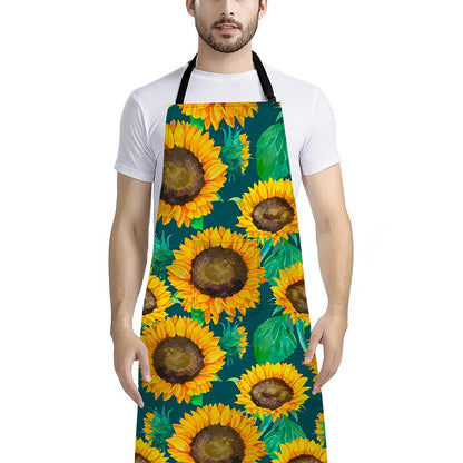Green Watercolor Sunflower Pattern Print Bib Apron With Pocket