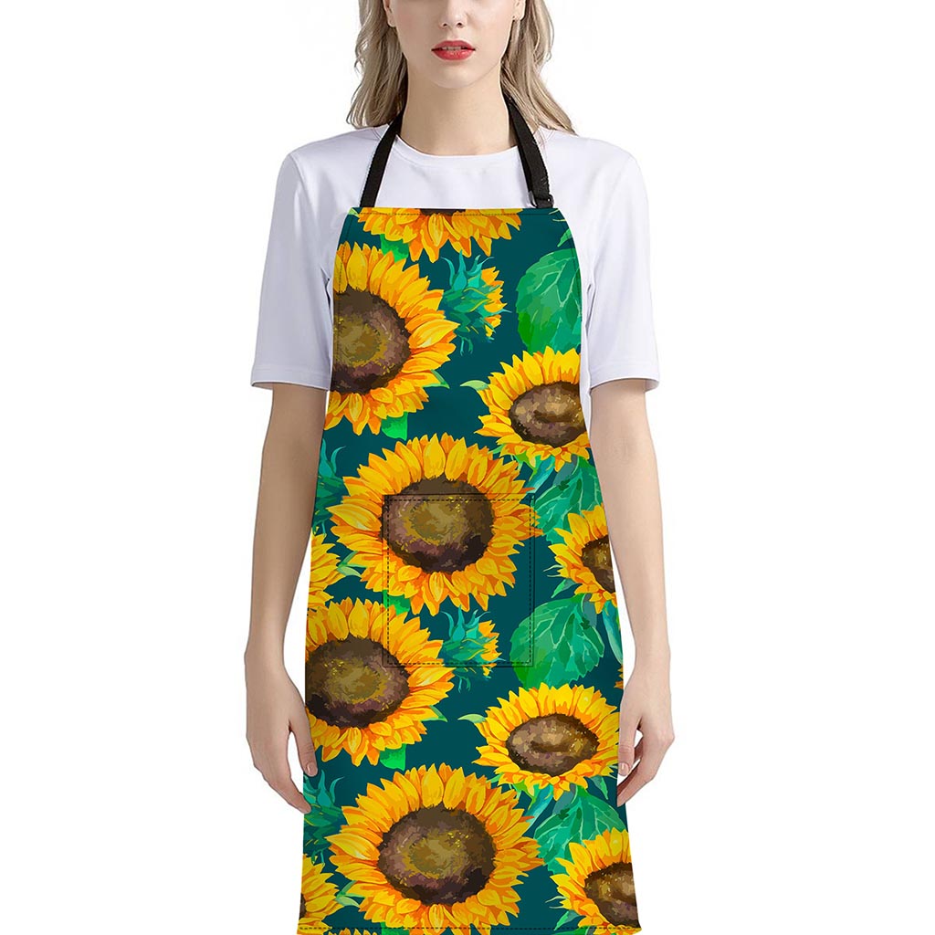 Green Watercolor Sunflower Pattern Print Bib Apron With Pocket