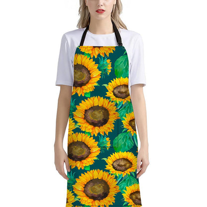 Green Watercolor Sunflower Pattern Print Bib Apron With Pocket