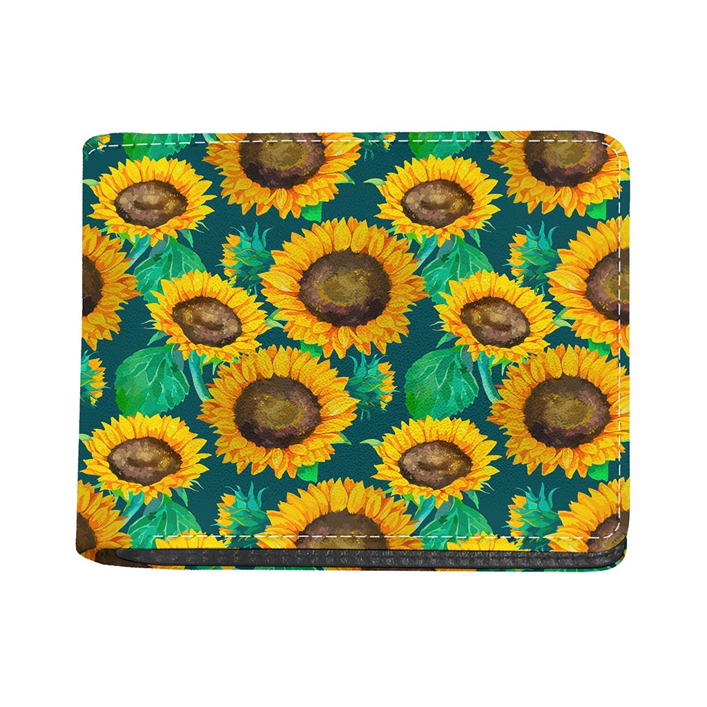 Green Watercolor Sunflower Pattern Print Bifold Wallet