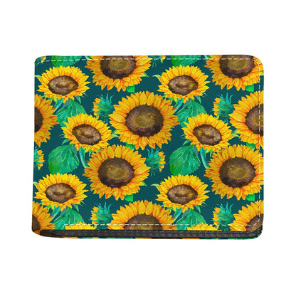 Green Watercolor Sunflower Pattern Print Bifold Wallet