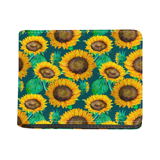 Green Watercolor Sunflower Pattern Print Bifold Wallet