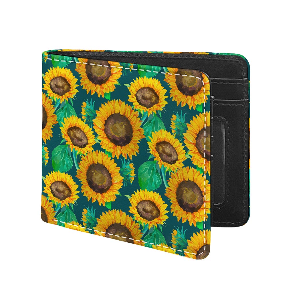 Green Watercolor Sunflower Pattern Print Bifold Wallet