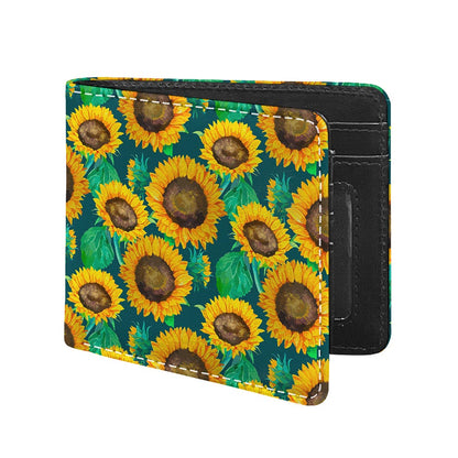 Green Watercolor Sunflower Pattern Print Bifold Wallet