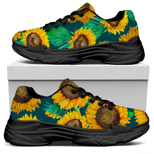 Green Watercolor Sunflower Pattern Print Black Chunky Shoes
