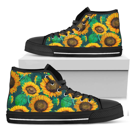 Green Watercolor Sunflower Pattern Print Black High Top Sneakers