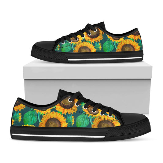 Green Watercolor Sunflower Pattern Print Black Low Top Sneakers