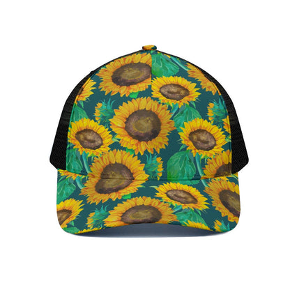 Green Watercolor Sunflower Pattern Print Black Mesh Trucker Cap