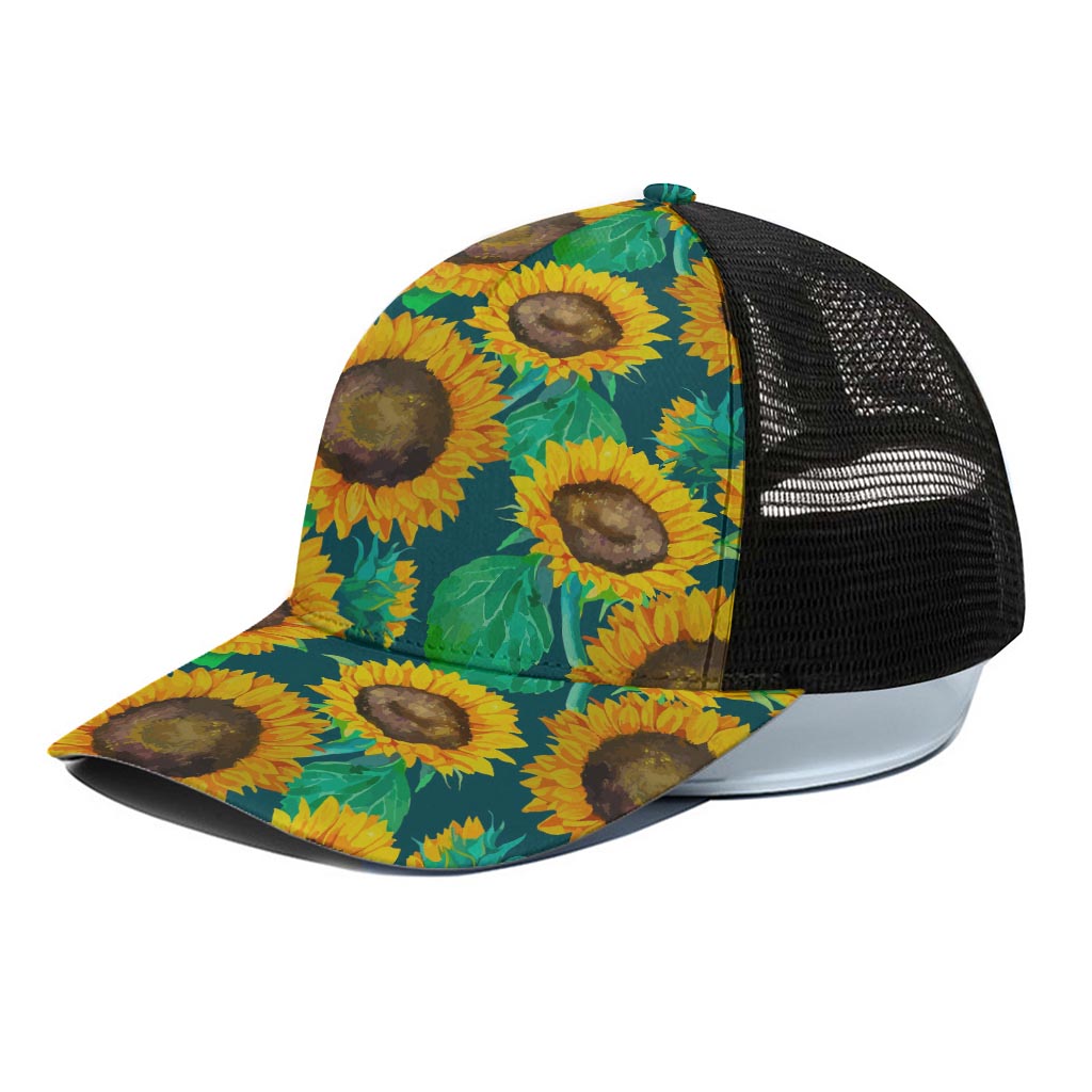 Green Watercolor Sunflower Pattern Print Black Mesh Trucker Cap