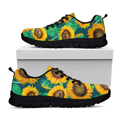 Green Watercolor Sunflower Pattern Print Black Running Shoes