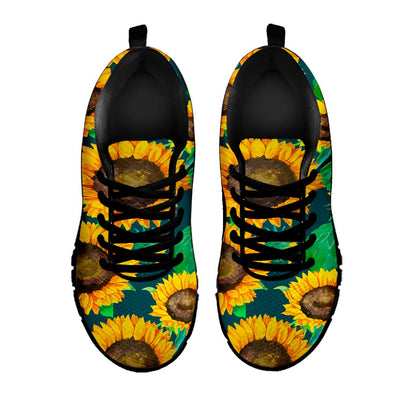Green Watercolor Sunflower Pattern Print Black Running Shoes