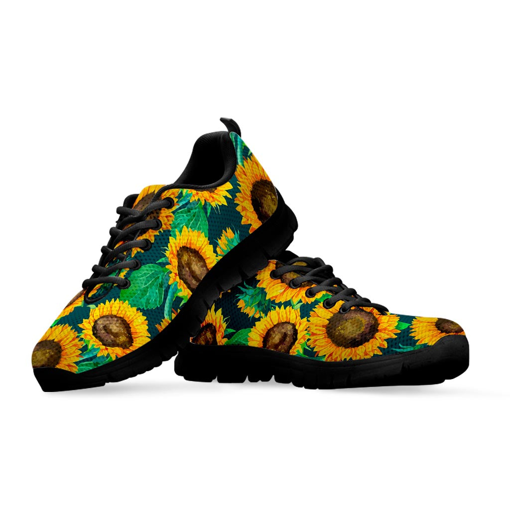 Green Watercolor Sunflower Pattern Print Black Running Shoes