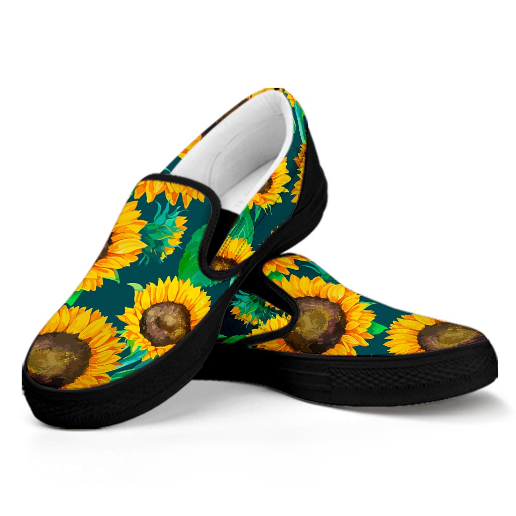 Green Watercolor Sunflower Pattern Print Black Slip On Sneakers
