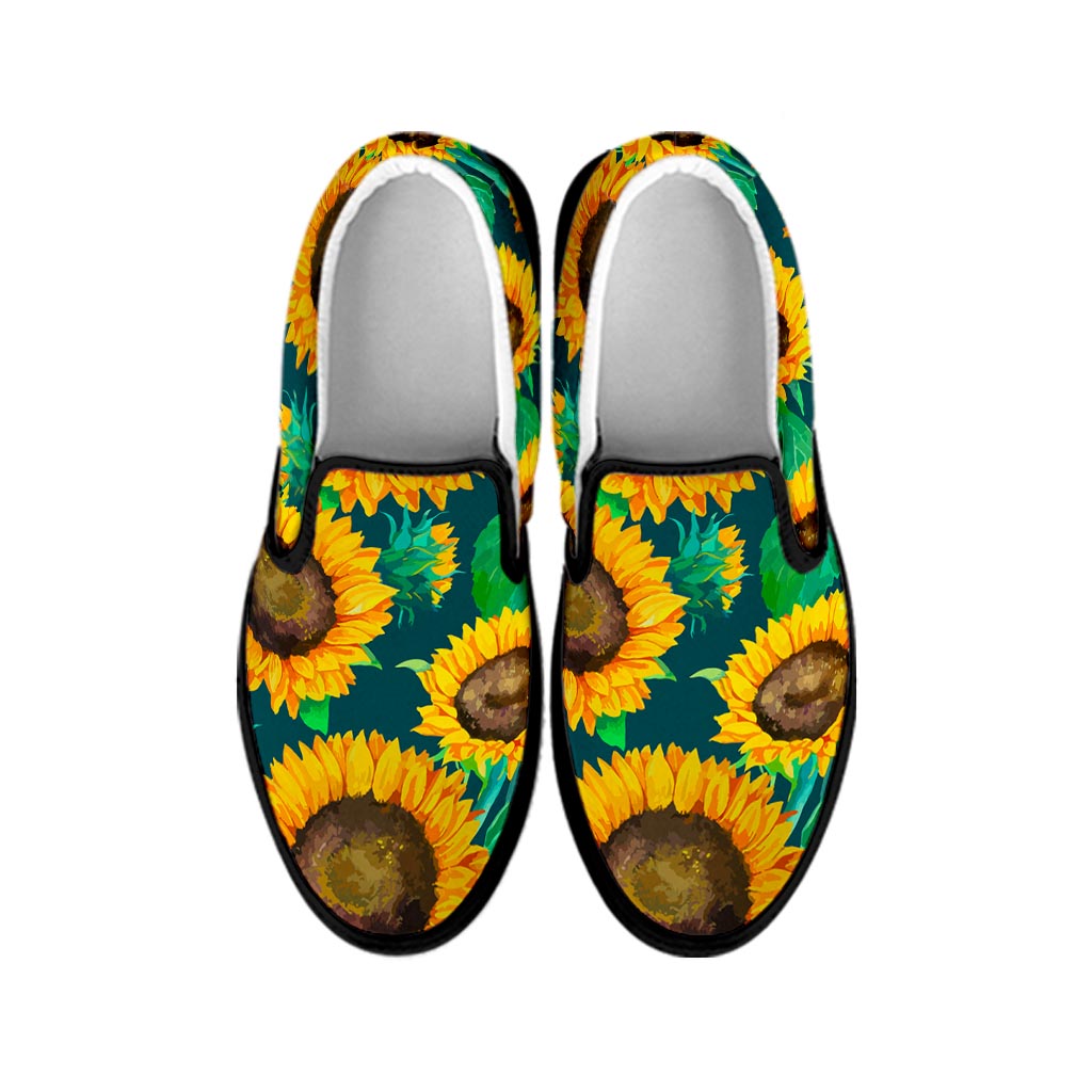 Green Watercolor Sunflower Pattern Print Black Slip On Sneakers