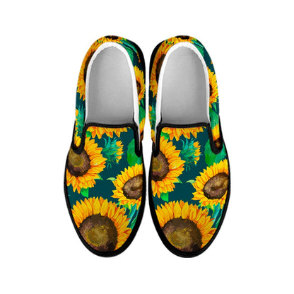 Green Watercolor Sunflower Pattern Print Black Slip On Sneakers