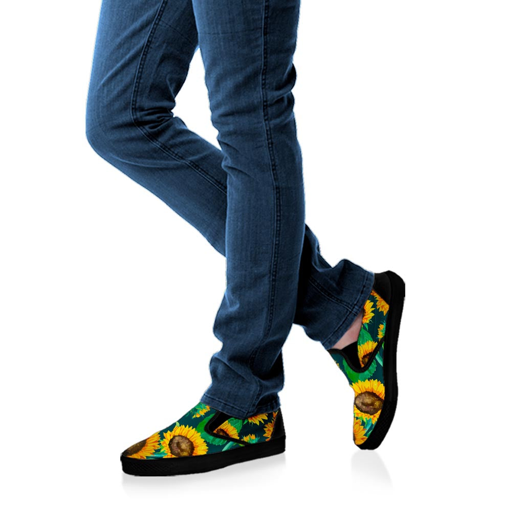Green Watercolor Sunflower Pattern Print Black Slip On Sneakers