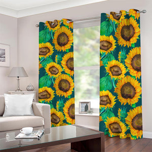 Green Watercolor Sunflower Pattern Print Blackout Grommet Curtains