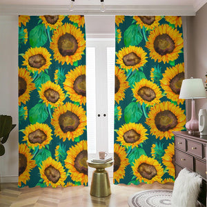 Green Watercolor Sunflower Pattern Print Blackout Pencil Pleat Curtains