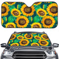 Green Watercolor Sunflower Pattern Print Car Windshield Sun Shade