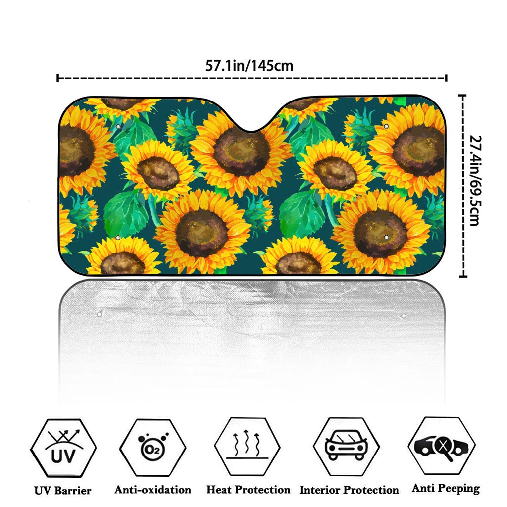 Green Watercolor Sunflower Pattern Print Car Windshield Sun Shade