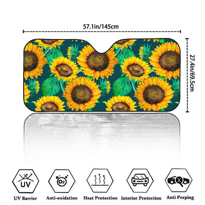Green Watercolor Sunflower Pattern Print Car Windshield Sun Shade