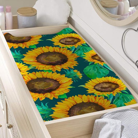 Green Watercolor Sunflower Pattern Print Changing Pad Cover