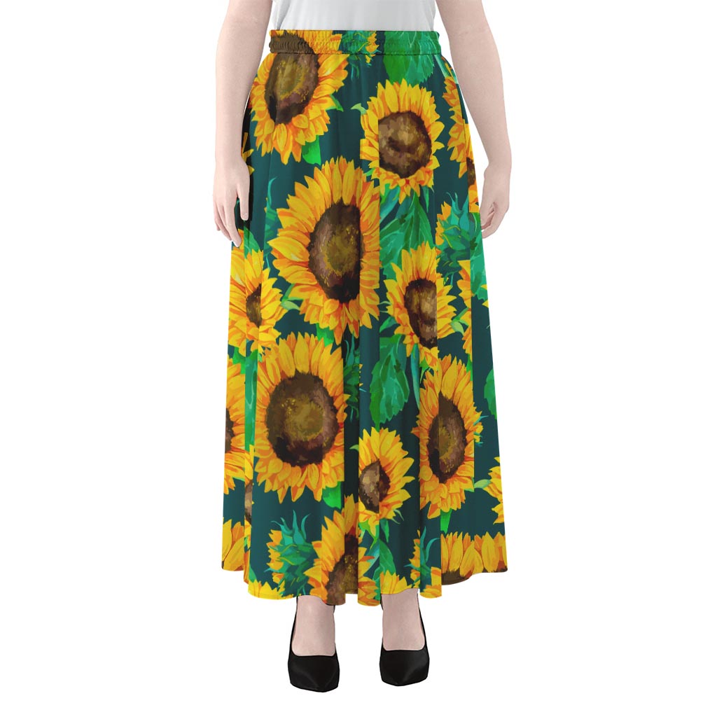 Green Watercolor Sunflower Pattern Print Chiffon Maxi Skirt