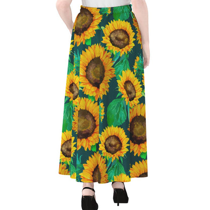 Green Watercolor Sunflower Pattern Print Chiffon Maxi Skirt