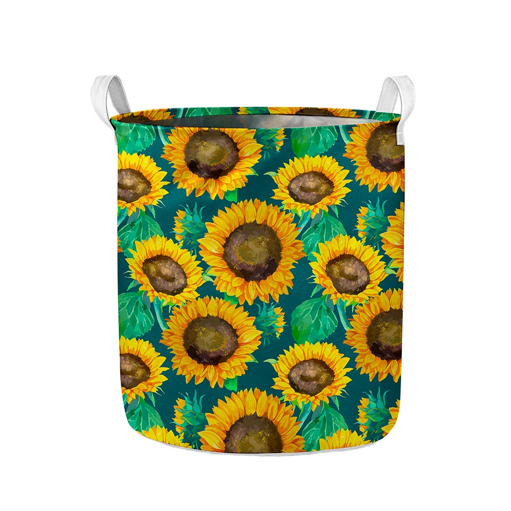 Green Watercolor Sunflower Pattern Print Collapsible Laundry Basket