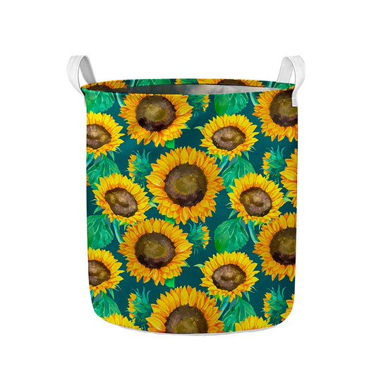 Green Watercolor Sunflower Pattern Print Collapsible Laundry Basket