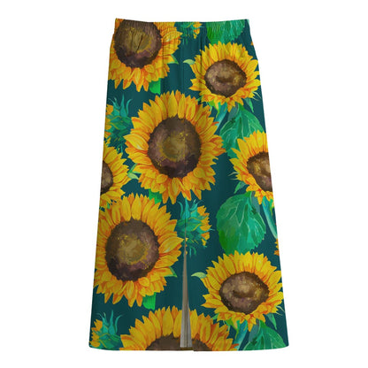 Green Watercolor Sunflower Pattern Print Cotton Front Slit Maxi Skirt