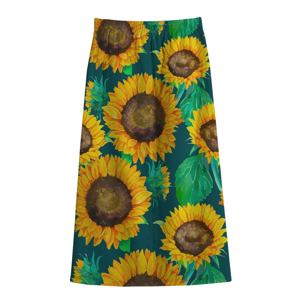 Green Watercolor Sunflower Pattern Print Cotton Front Slit Maxi Skirt