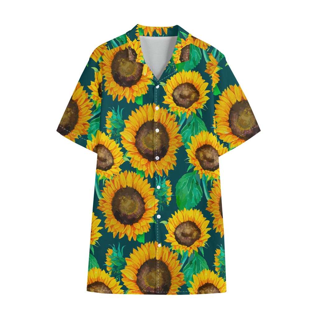 Green Watercolor Sunflower Pattern Print Cotton Hawaiian Shirt