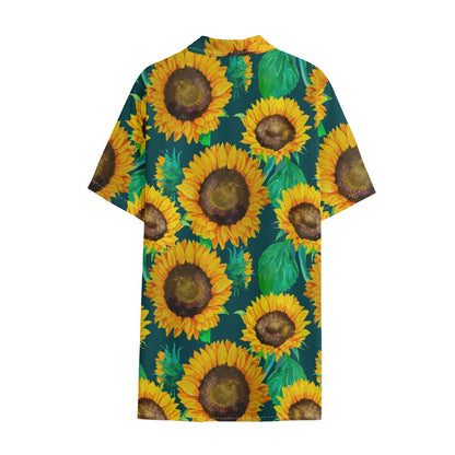 Green Watercolor Sunflower Pattern Print Cotton Hawaiian Shirt