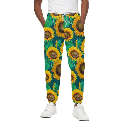 Green Watercolor Sunflower Pattern Print Cotton Pants